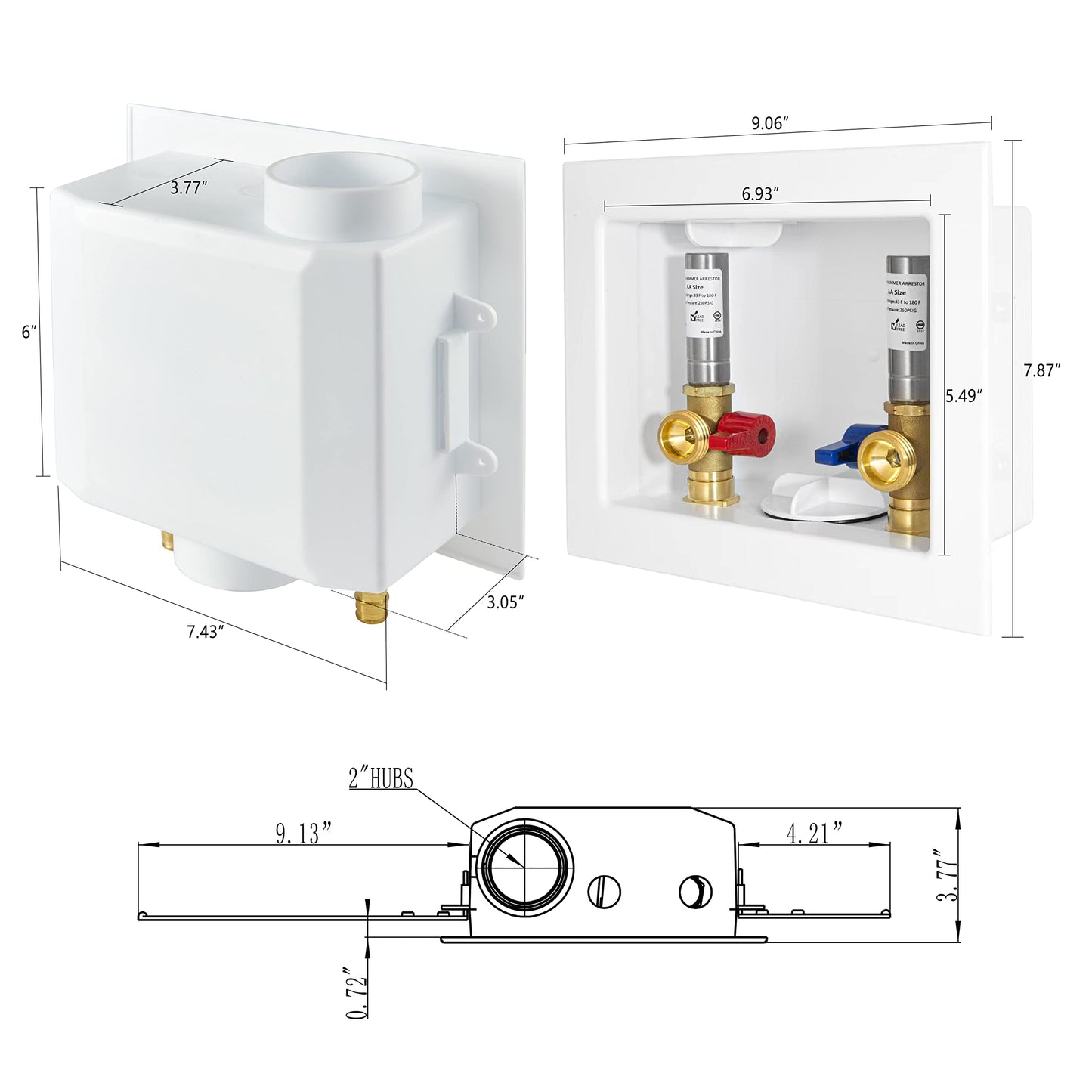 1/2" PEX Expansion (F1960) Inlet, Washing Machine Outlet Box, with Stainless Steel Water Hammer Arrestor