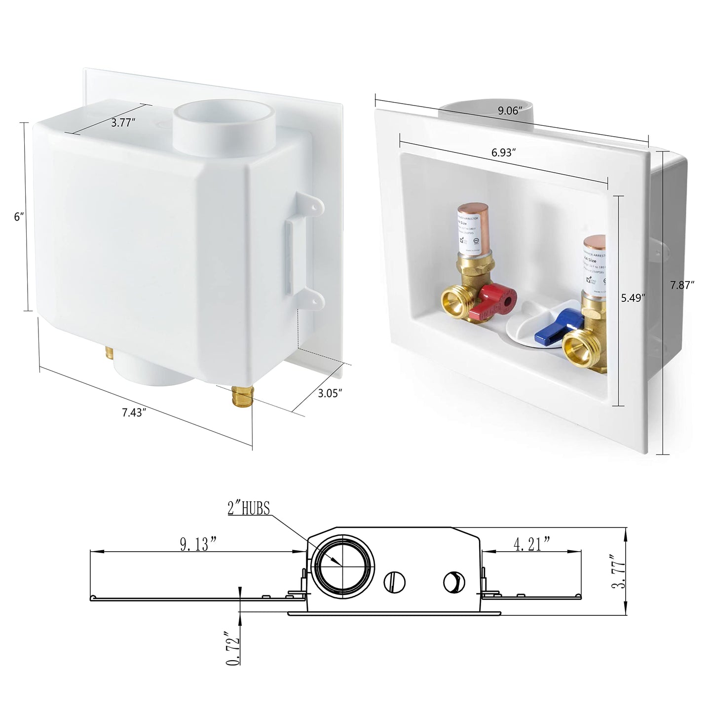 1/2" Push Fit Inlet, Washing Machine Outlet Box, with Copper Arrestor, with Center Drain