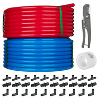 3/4" 2 x100ft, 200ft PEX-A Tubing (Blue & Red), 3/4" Poly Expansion Elbow & Tee & Coupler (15 PCS), Expansion Rings (50 PCS), Pipe Cutter Plumbingsell