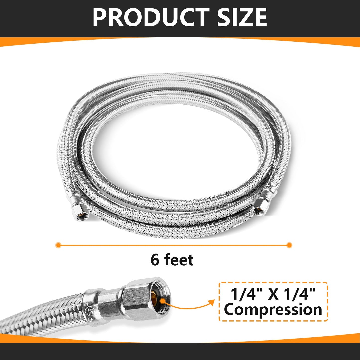 6ft Ice Maker Hose, with 1/4" Comp by 1/4" Comp Connection, Stainless Steel Braided Hose