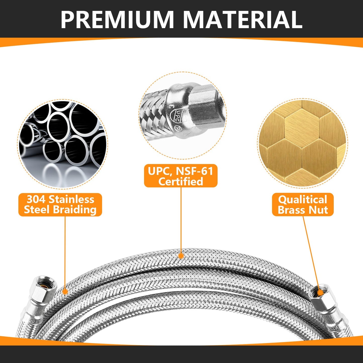 8 ft Ice Maker Hose, with 1/4" Comp by 1/4" Comp Connection, Stainless Steel Braided Hose