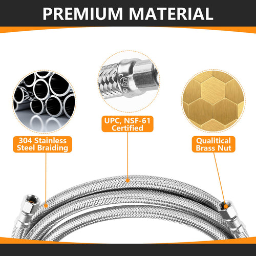 8 ft Ice Maker Hose, with 1/4" Comp by 1/4" Comp Connection, Stainless Steel Braided Hose Plumbingsell