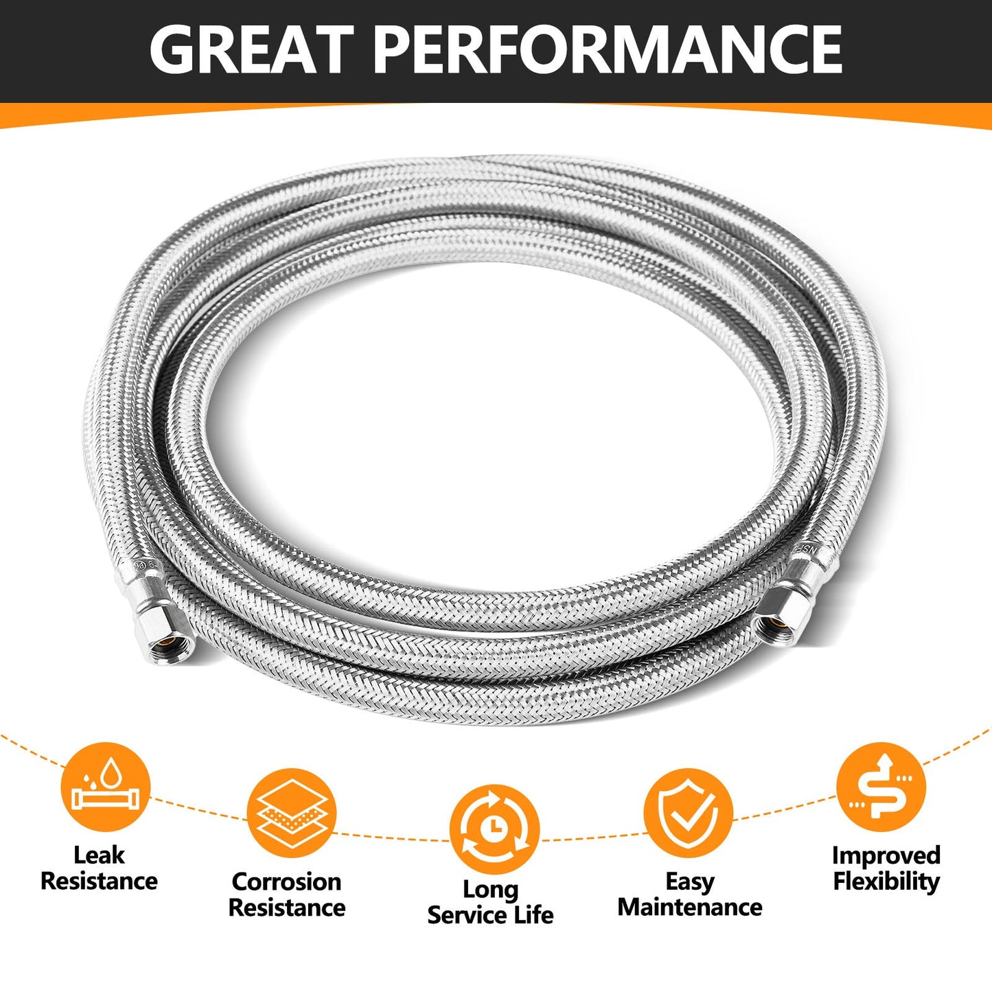 8 ft Ice Maker Hose, with 1/4" Comp by 1/4" Comp Connection, Stainless Steel Braided Hose