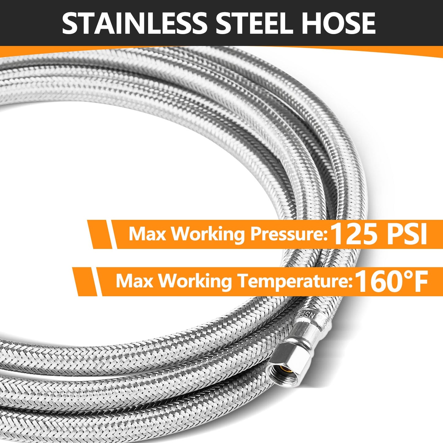 8 ft Ice Maker Hose, with 1/4" Comp by 1/4" Comp Connection, Stainless Steel Braided Hose