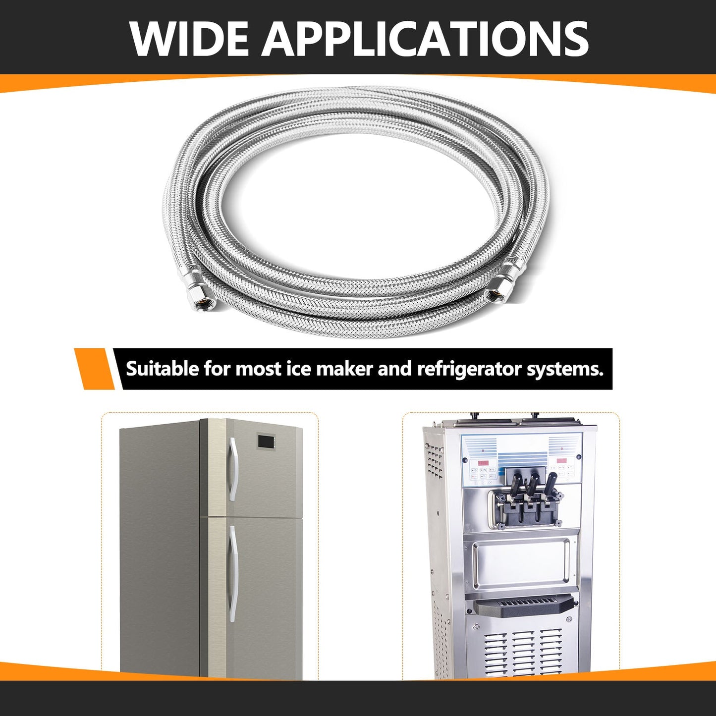8 ft Ice Maker Hose, with 1/4" Comp by 1/4" Comp Connection, Stainless Steel Braided Hose