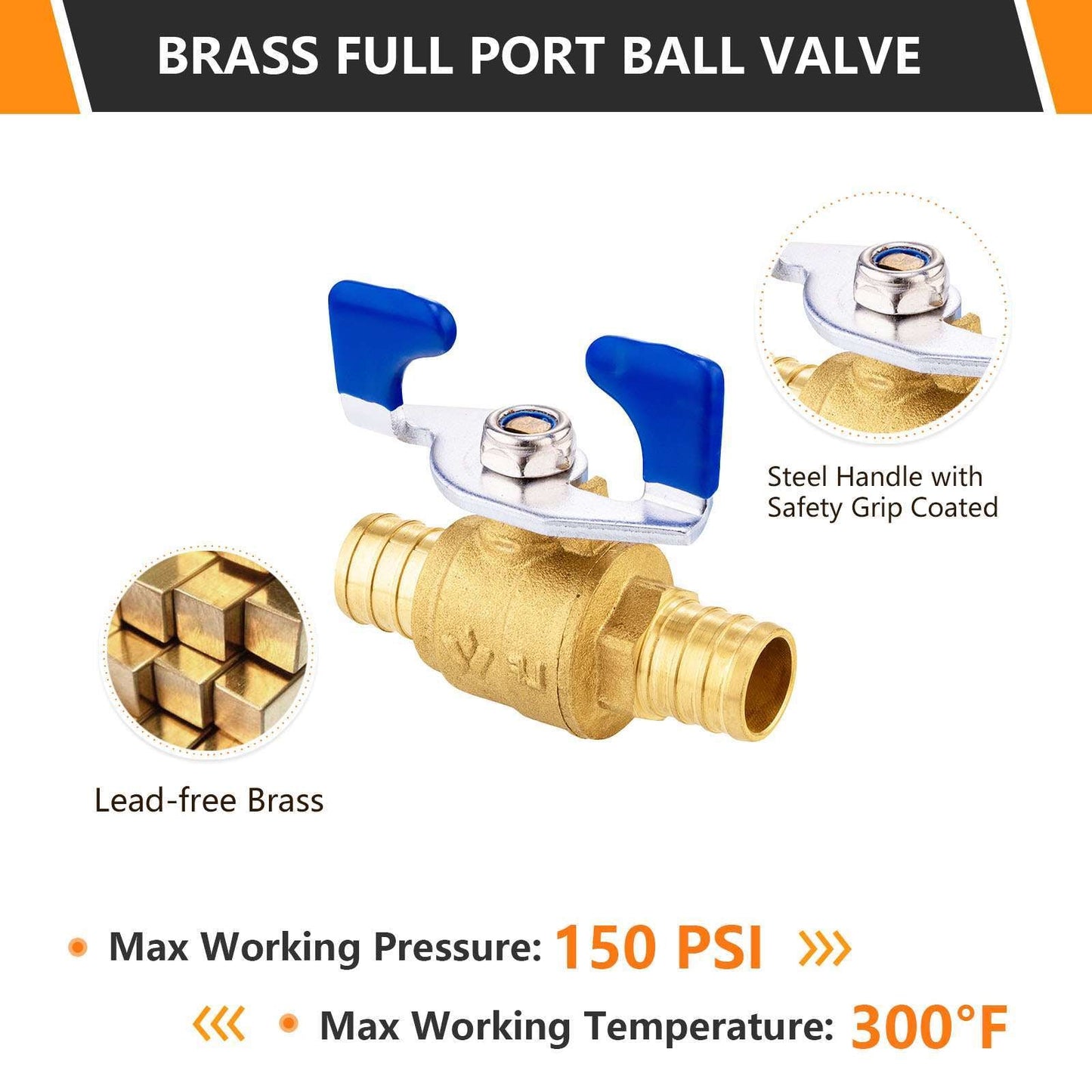 10 Pcs 3/4" PEX Crimp Butterfly Ball Valve, Blue (Lead Free)