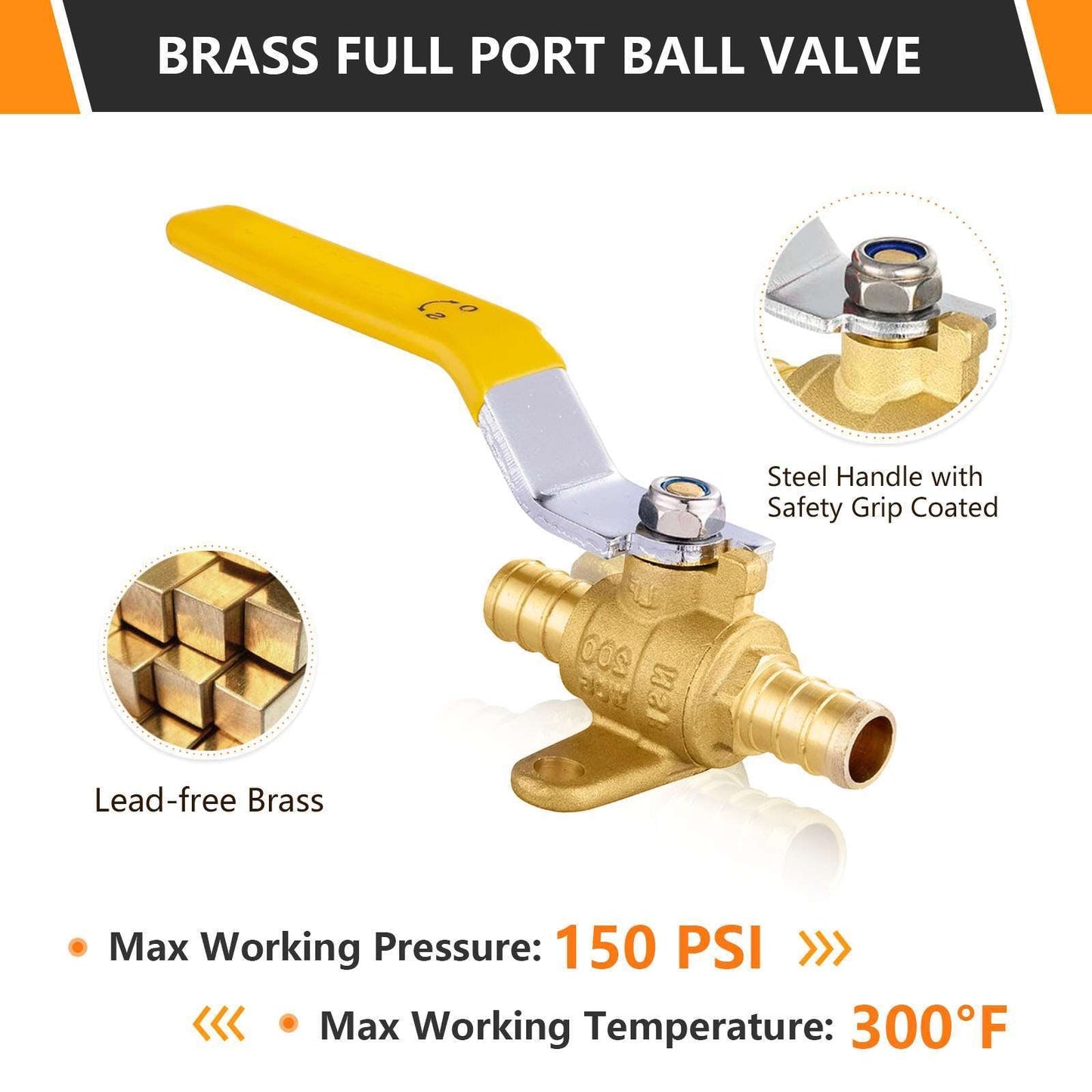 1/2" PEX Crimp Drop Ear Ball Valve, Yellow (Lead Free)