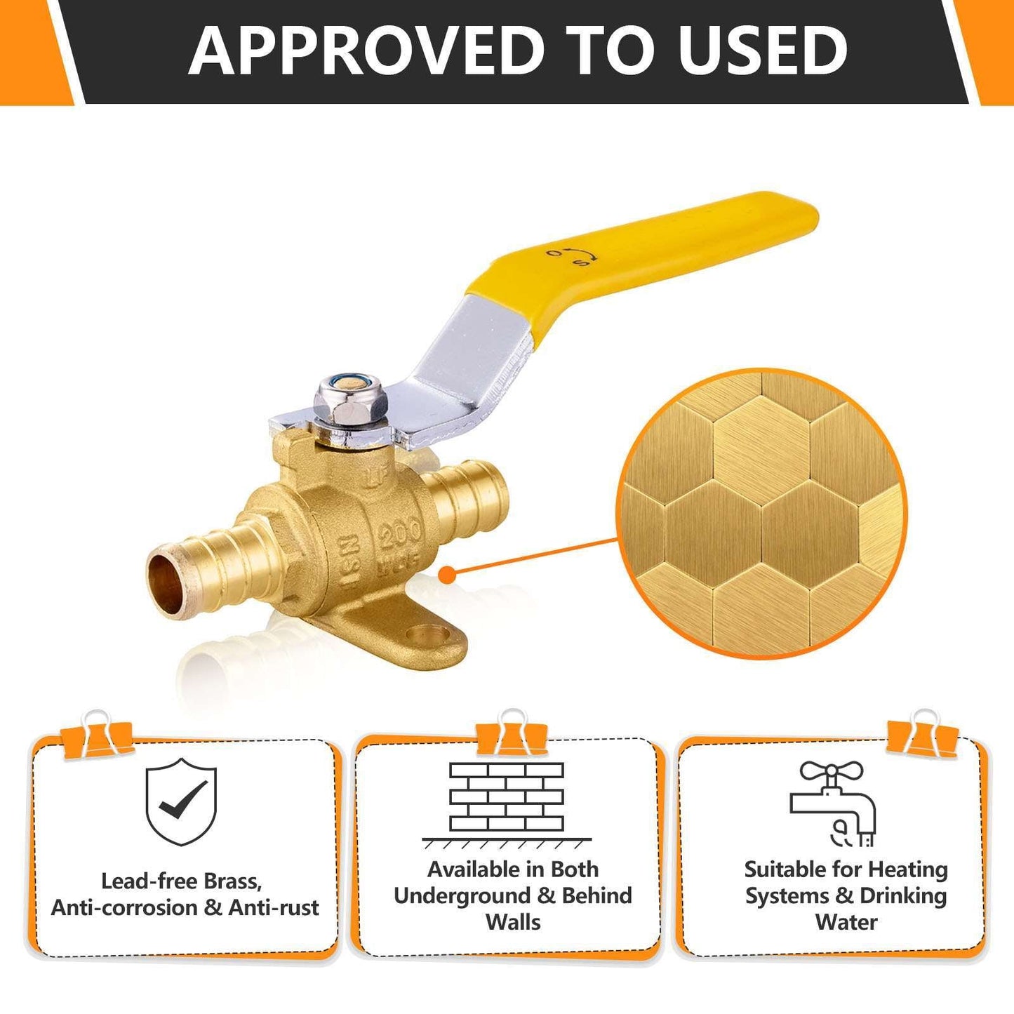 1/2" PEX Crimp Drop Ear Ball Valve, Yellow (Lead Free)
