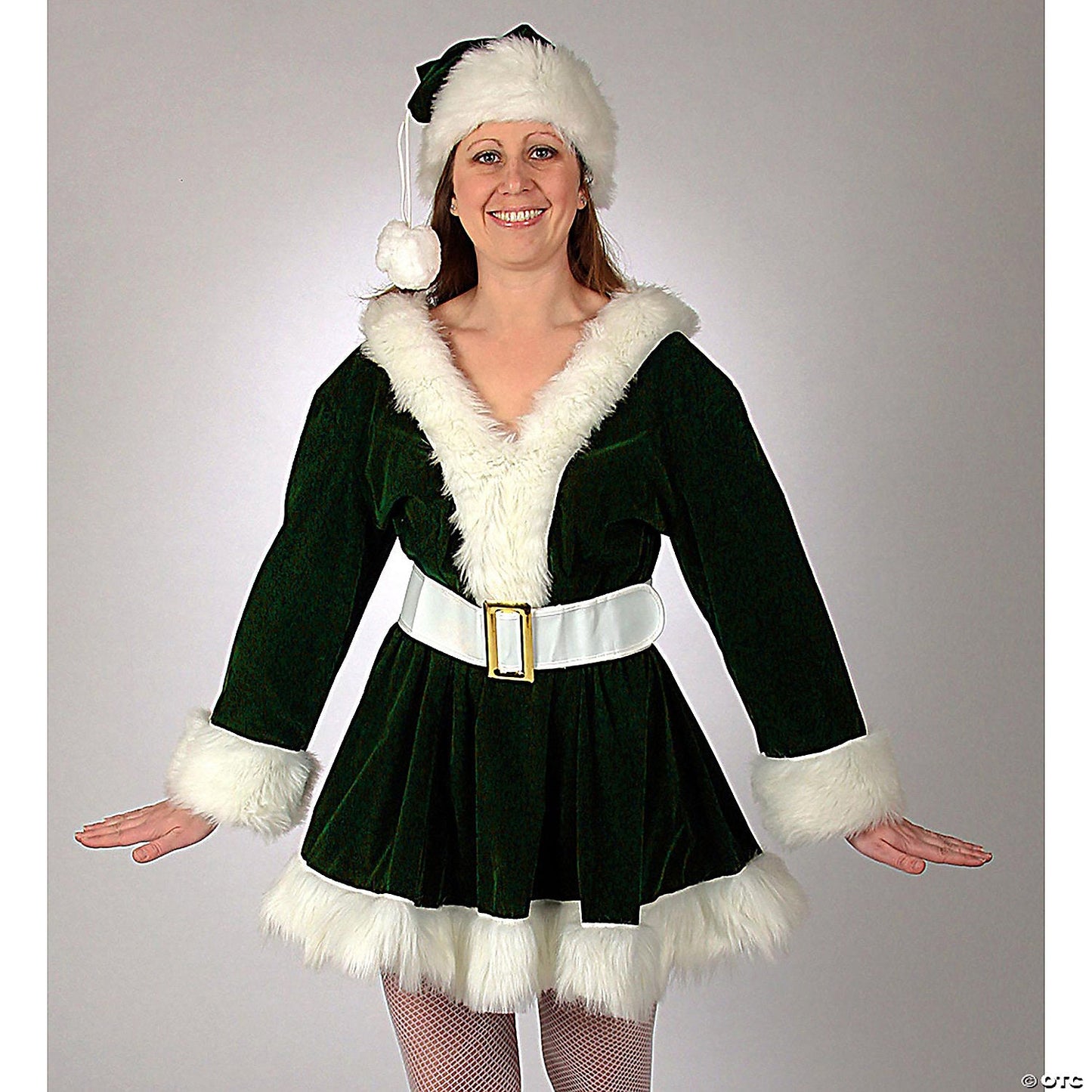 Adult Women's Green Velvet Perky Pixie Mrs. Clause Dress Costume - Medium