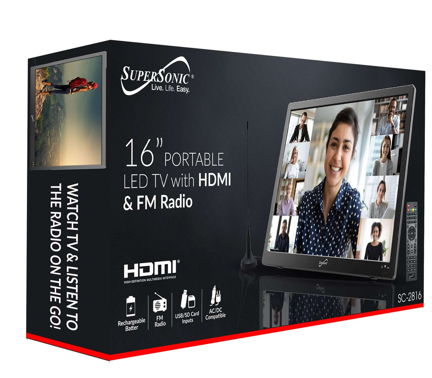 Portable 16" 12 Volt Digital LED TV with USB, SD, and HDMI Input: Built-in Rechargeable Lithium Ion Battery and FM Radio