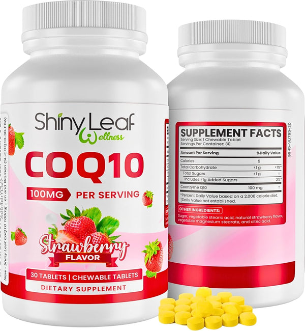 CoQ10 100mg Strawberry Chewable Tablets Shiny Leaf