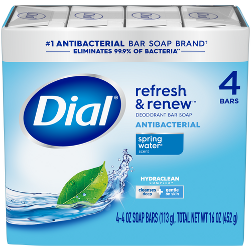 Dial Antibacterial Bar Soap, Refresh & Renew, Spring Water, 4 oz, 4 Bars