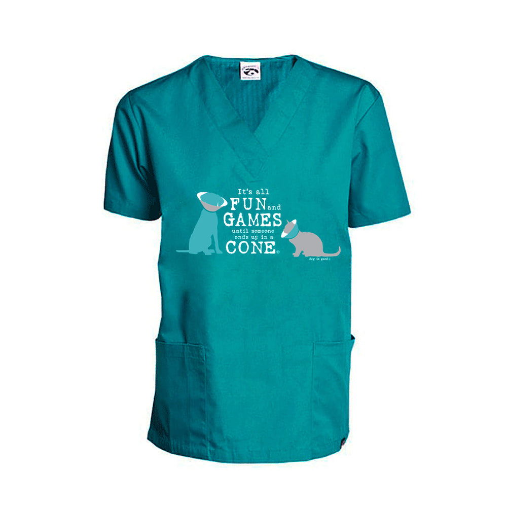 Dog is Good Scrub Top: It’s All Fun and Games Until Someone Ends Up in a Cone®,