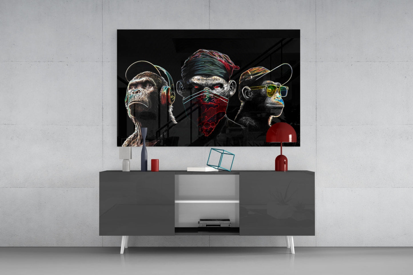 Insigneart USA 3 Wise Monkeys - Neon Lines Glass Wall Art || Designer Collection