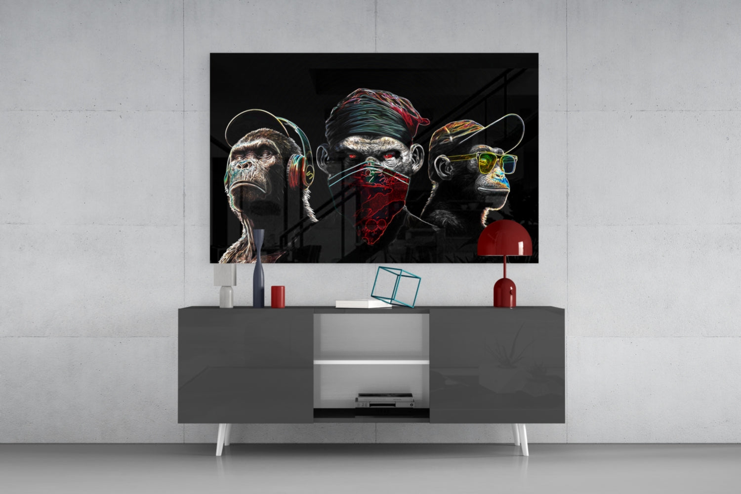 Insigneart USA 3 Wise Monkeys - Neon Lines Glass Wall Art || Designer Collection