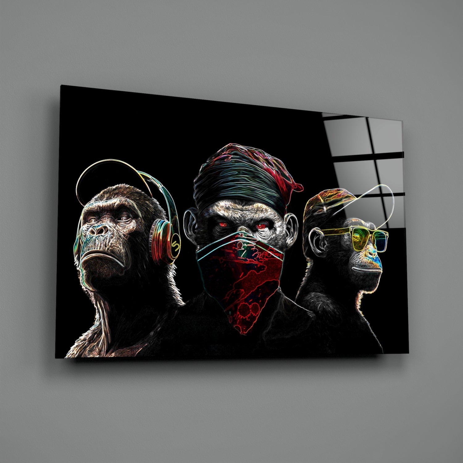 Insigneart USA 3 Wise Monkeys - Neon Lines Glass Wall Art || Designer Collection