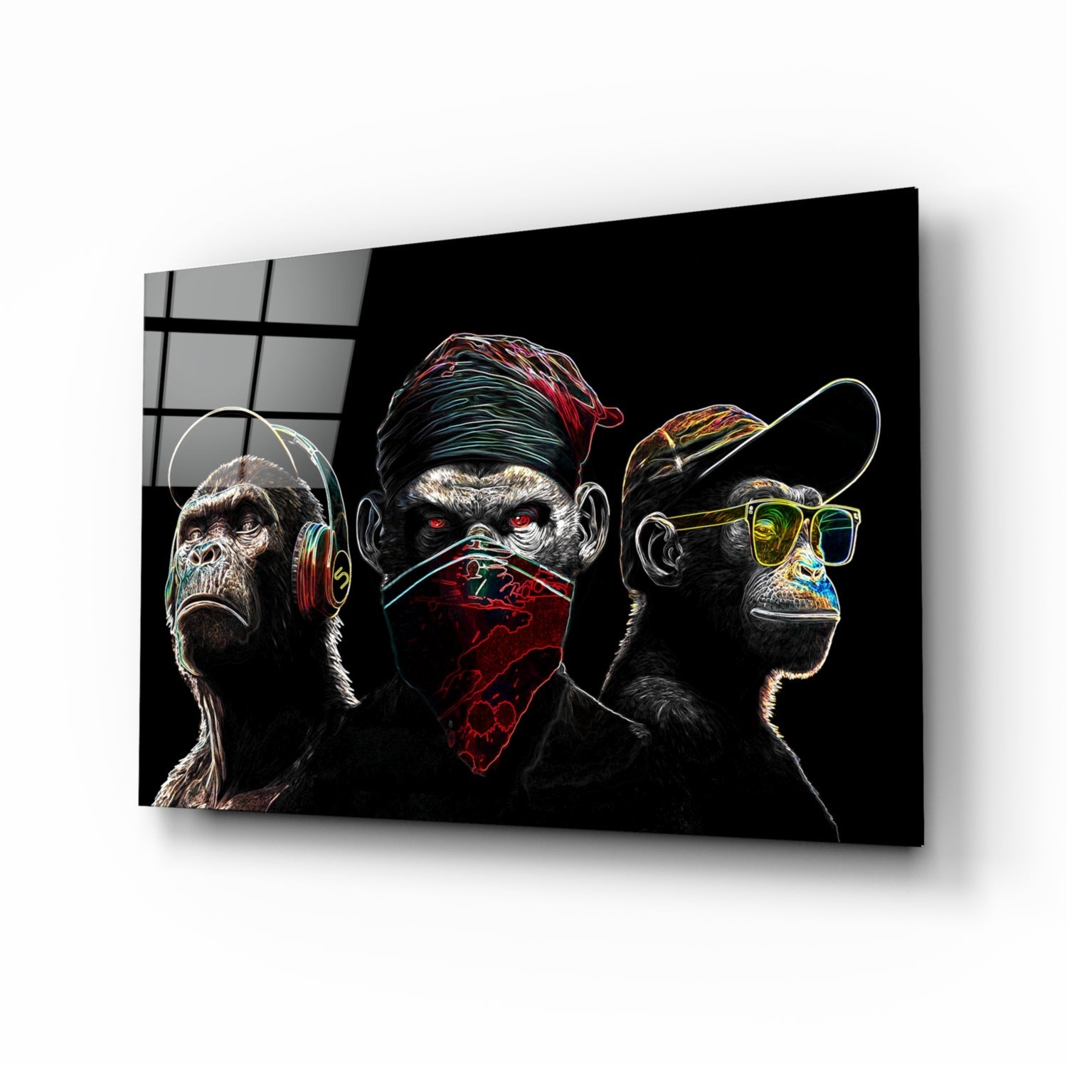 Insigneart USA 3 Wise Monkeys - Neon Lines Glass Wall Art || Designer Collection