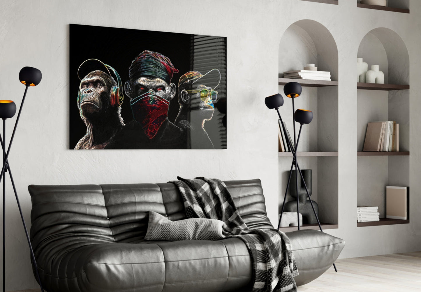 Insigneart USA 3 Wise Monkeys - Neon Lines Glass Wall Art || Designer Collection