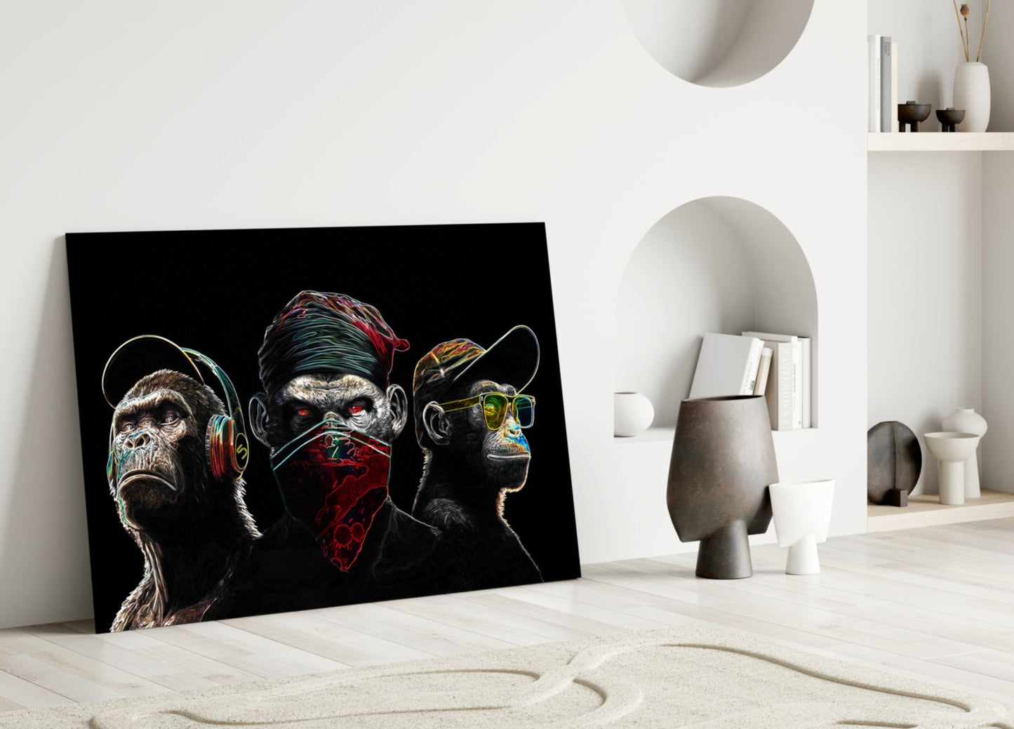 Insigneart USA 3 Wise Monkeys - Neon Lines Glass Wall Art || Designer Collection