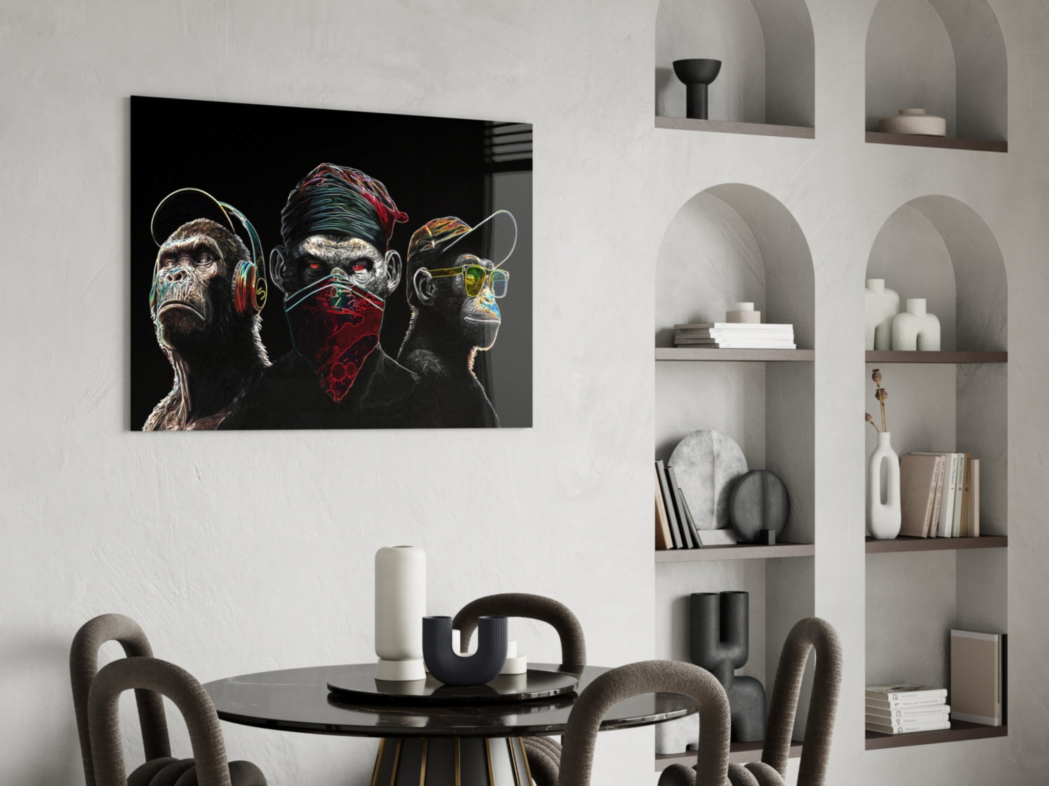 Insigneart USA 3 Wise Monkeys - Neon Lines Glass Wall Art || Designer Collection