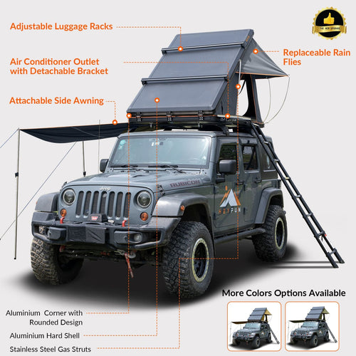 Roll over image to zoom in Adventurer Plus Rooftop Tent Hardshell with Side Awning, Air Conditioner Outlet with Bracket, &Replaceable Rain Flies, Truck Bed Tent for Camping, Pop Up Overland Roof Tents EasyOptionXY LLC