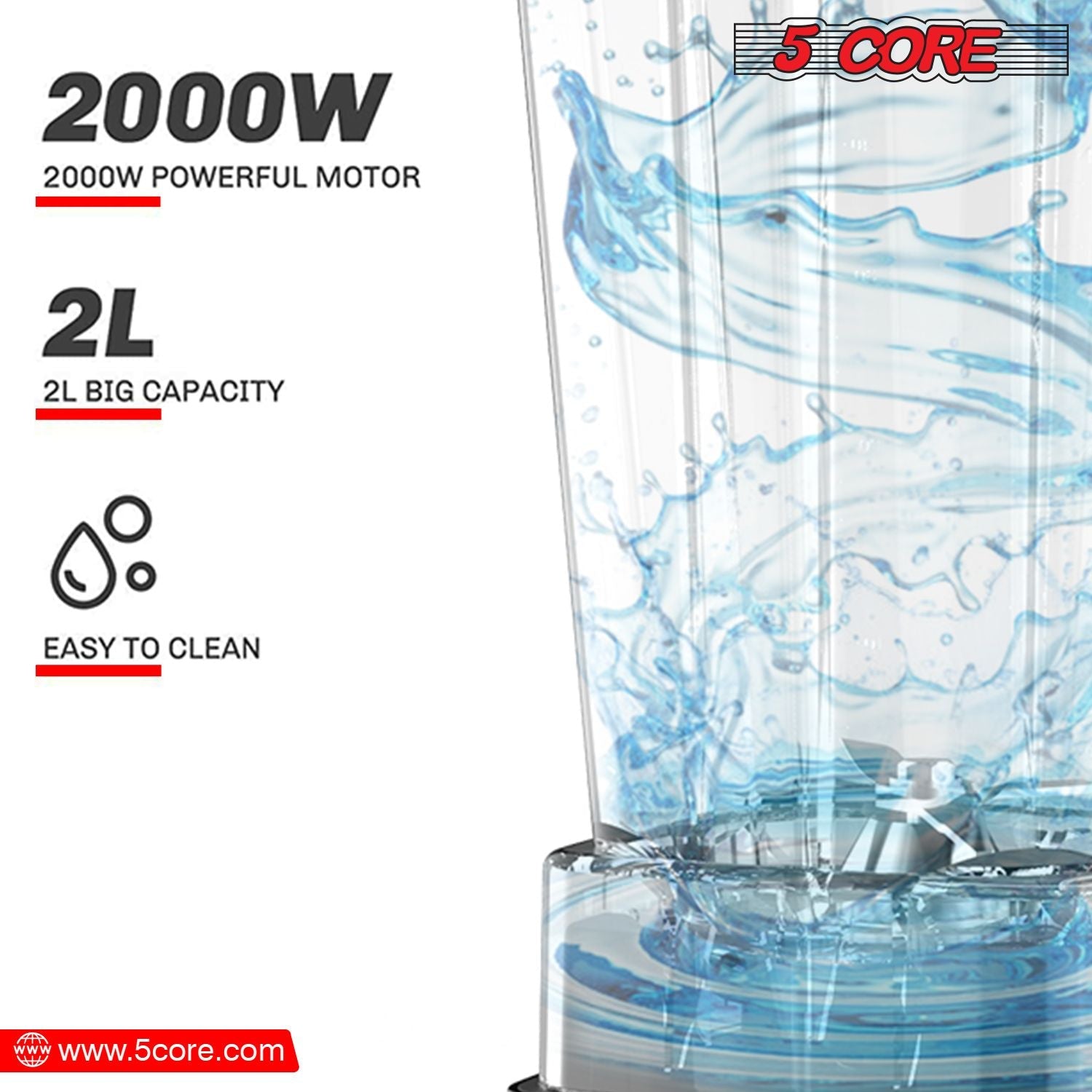 5 Core 2L Professional Countertop Blender For Kitchen 68 Oz 2000W High Speed BPA Free 6 Titanium Blade Smoothie Blender Electric For Soup Shake Juice Multi-Speed Manual JB 2000 M EasyOptionXY LLC