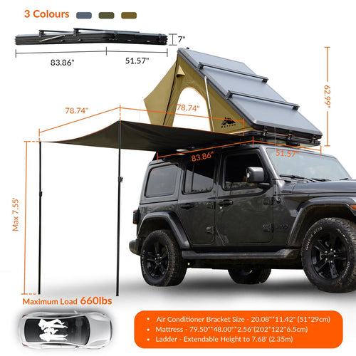 Explorer Plus Rooftop Tent Hardshell with Side Awning, Air Conditioner Outlet with Bracket, Luggage Racks&Replaceable Netting Rain Curtain, Truck Bed Tent for Camping, Pop Up SUV Roof Top Tent EasyOptionXY LLC