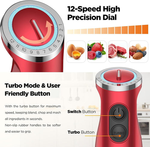 KOIOS 5-in-1 Hand Immersion Blender, 1000W 12 Speed Handheld Blender, Copper Motor Stainless Steel Blade Stick Blender,600ml Mixing Beaker,500ml Food Processor, Whisk, Milk Frother, B PA-F ree, Red EasyOptionXY LLC