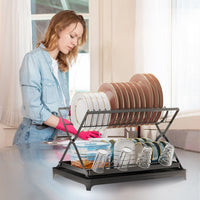 2 Tier Dish Drying Rack with Cup Holder Foldable Dish Drainer Shelf for Kitchen Countertop Rustproof Utensil Holder with Drainboard Black EasyOptionXY LLC