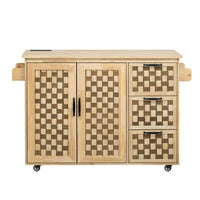 53.2"W 3D Woven Checkerboard Pattern Design Kitchen Island with Drop Leaf, Rolling Kitchen Island on Wheels with Internal Storage Rack, Power Outlet, Kitchen Cart with 3 Drawers 2 Cabinets, Nature EasyOptionXY LLC