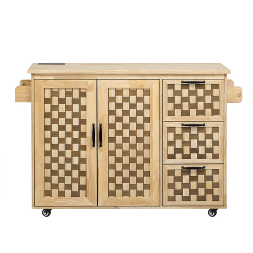 53.2"W 3D Woven Checkerboard Pattern Design Kitchen Island with Drop Leaf, Rolling Kitchen Island on Wheels with Internal Storage Rack, Power Outlet, Kitchen Cart with 3 Drawers 2 Cabinets, Nature EasyOptionXY LLC