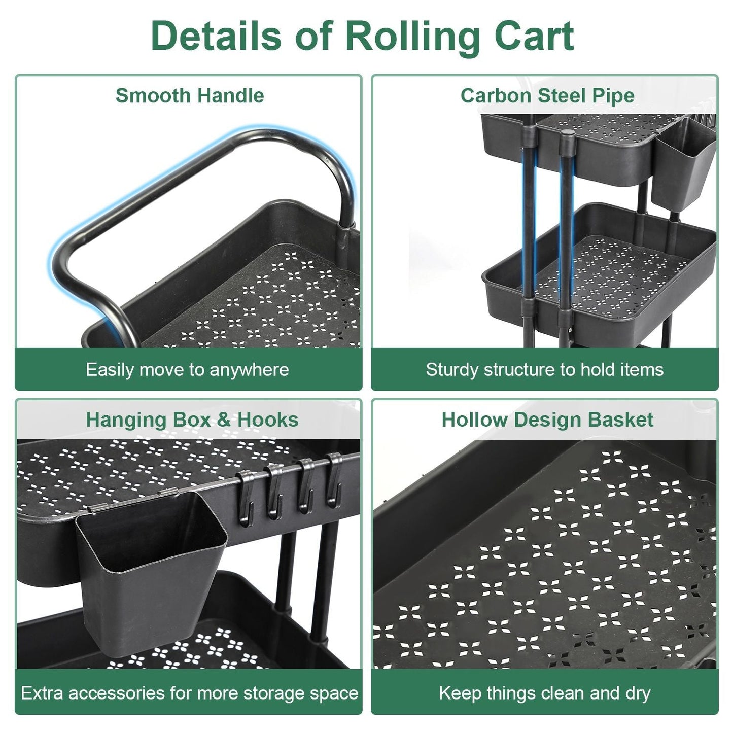 3 Tier Rolling Utility Cart Movable Storage Organizer with Mesh Baskets Lockable Wheels 360 Degree Rotatable Hanging Box Hooks Bedroom Bathroom Kitchen EasyOptionXY LLC
