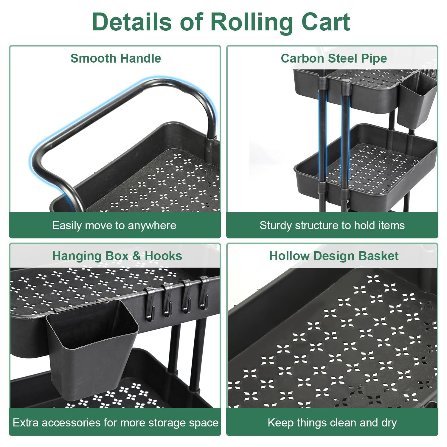 3 Tier Rolling Utility Cart Movable Storage Organizer with Mesh Baskets Lockable Wheels 360 Degree Rotatable Hanging Box Hooks Bedroom Bathroom Kitchen EasyOptionXY LLC