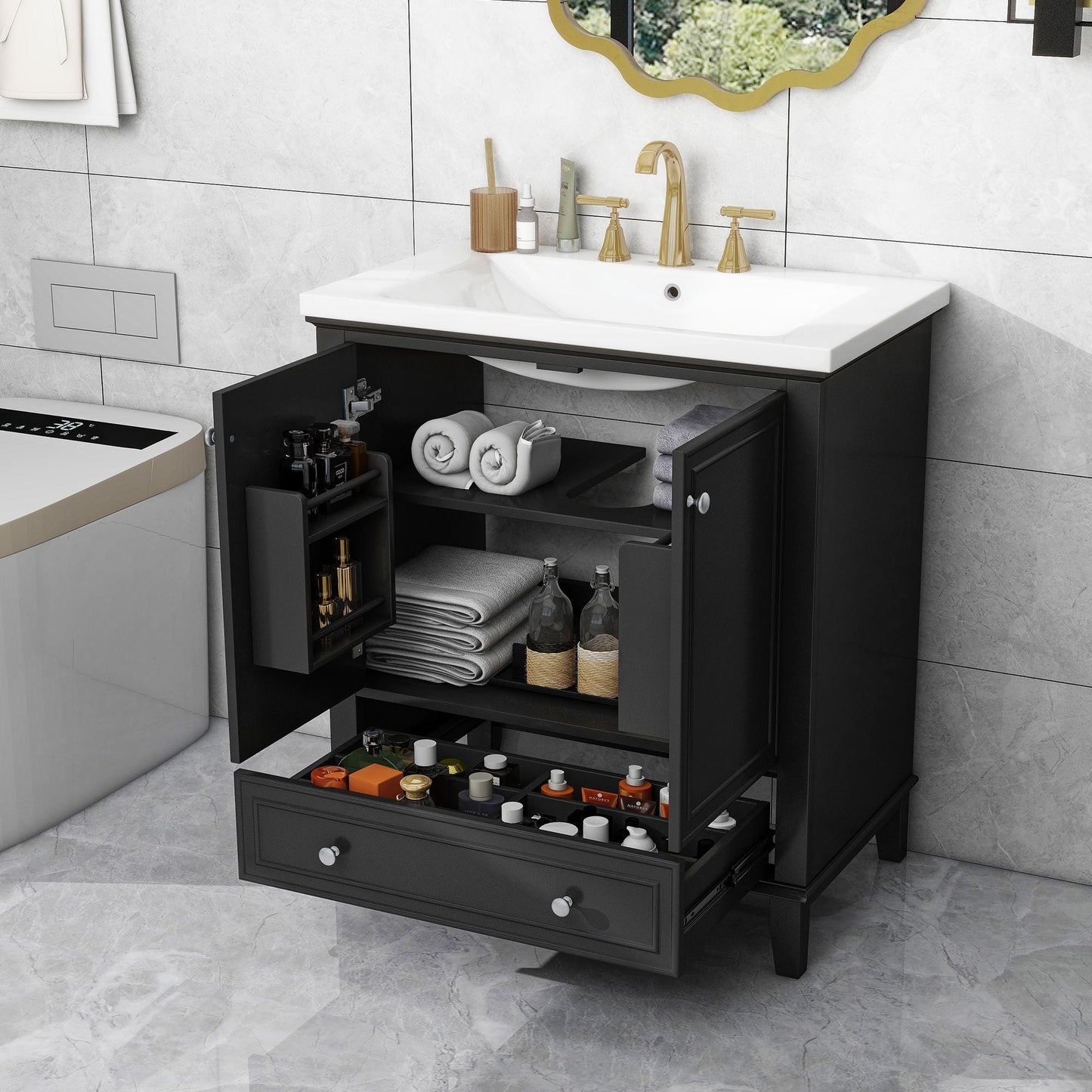 30\" Bathroom Vanity with Sink Combo, Multi-functional Bathroom Cabinet with Doors and Drawer, Solid Frame and MDF Board EasyOptionXY LLC