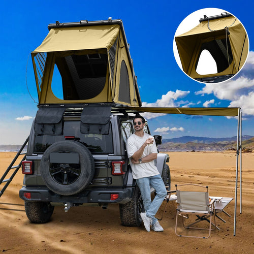 Explorer Plus Rooftop Tent Hardshell with Side Awning, Air Conditioner Outlet with Bracket, Luggage Racks&Replaceable Netting Rain Curtain, Truck Bed Tent for Camping, Pop Up SUV Roof Top Tent EasyOptionXY LLC
