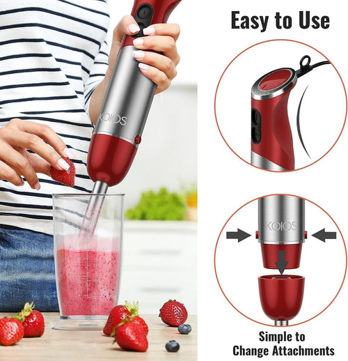 KOIOS 5-in-1 Hand Immersion Blender, 1000W 12 Speed Handheld Blender, Copper Motor Stainless Steel Blade Stick Blender,600ml Mixing Beaker,500ml Food Processor, Whisk, Milk Frother, B PA-F ree, Red EasyOptionXY LLC