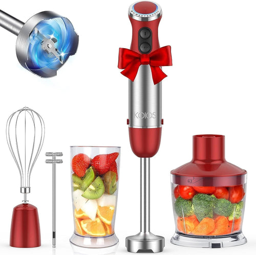 KOIOS 5-in-1 Hand Immersion Blender, 1000W 12 Speed Handheld Blender, Copper Motor Stainless Steel Blade Stick Blender,600ml Mixing Beaker,500ml Food Processor, Whisk, Milk Frother, B PA-F ree, Red EasyOptionXY LLC