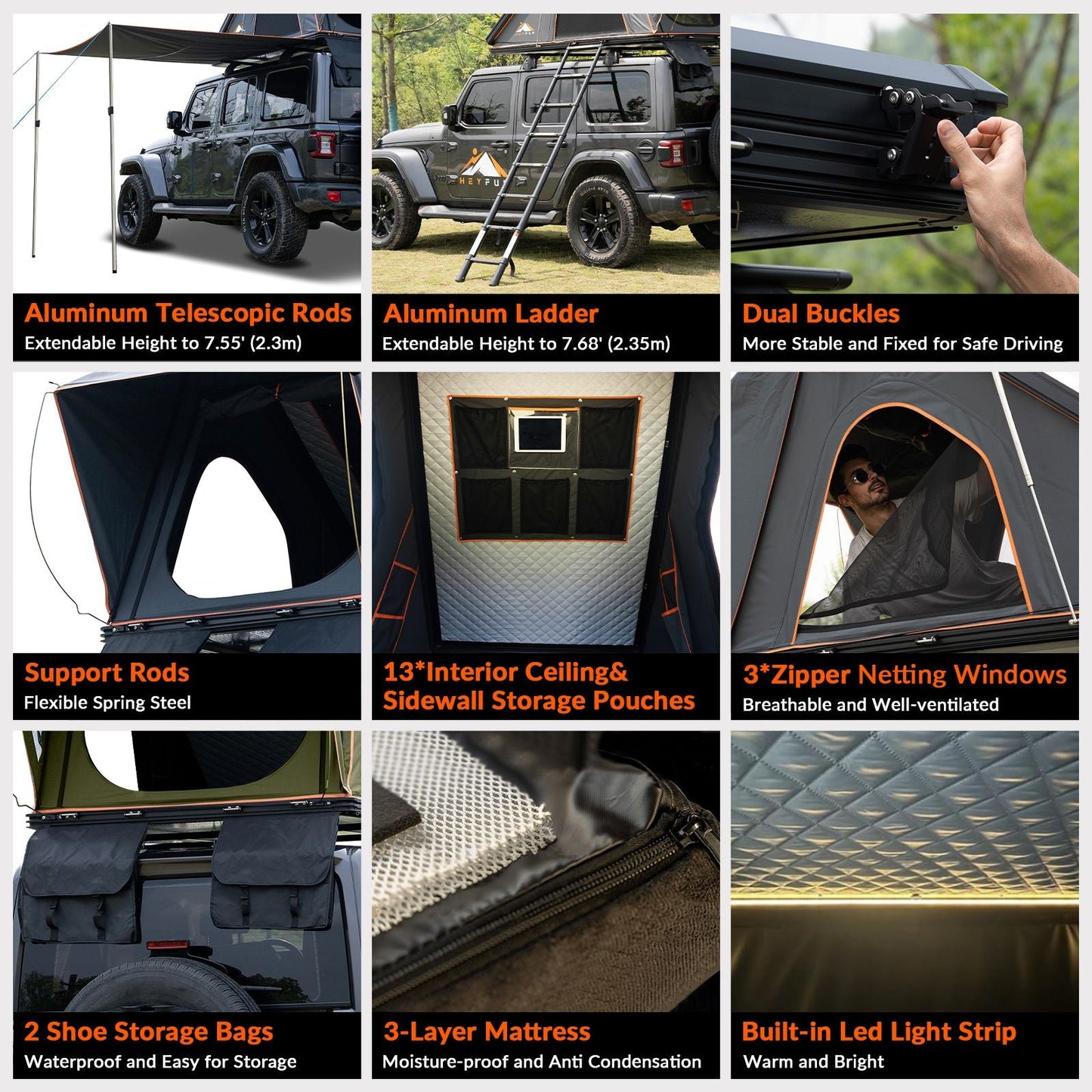 Roll over image to zoom in Adventurer Plus Rooftop Tent Hardshell with Side Awning, Air Conditioner Outlet with Bracket, &Replaceable Rain Flies, Truck Bed Tent for Camping, Pop Up Overland Roof Tents EasyOptionXY LLC