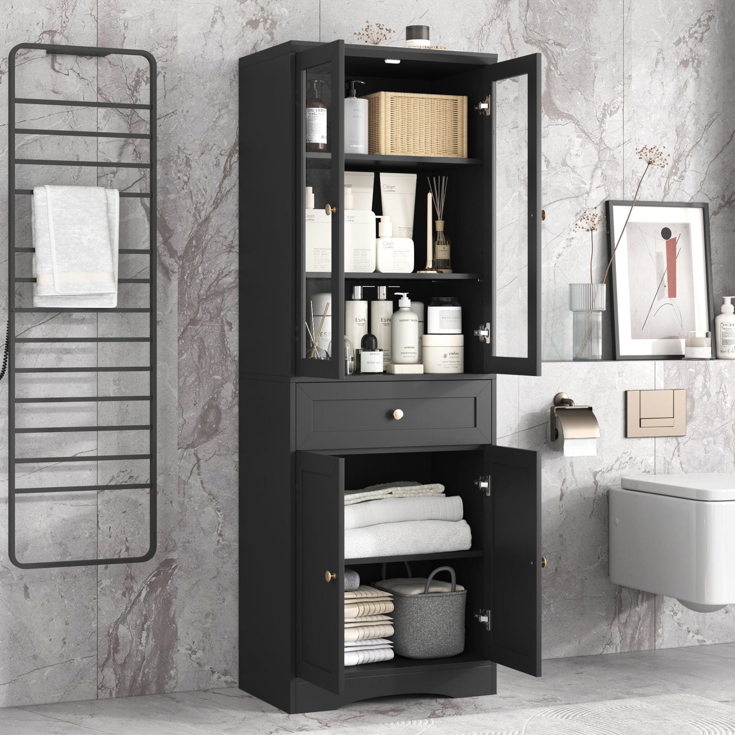 Tall Bathroom Storage Cabinet, Cabinet with Four Doors and Drawers, Adjustable Shelf, MDF Board EasyOptionXY LLC