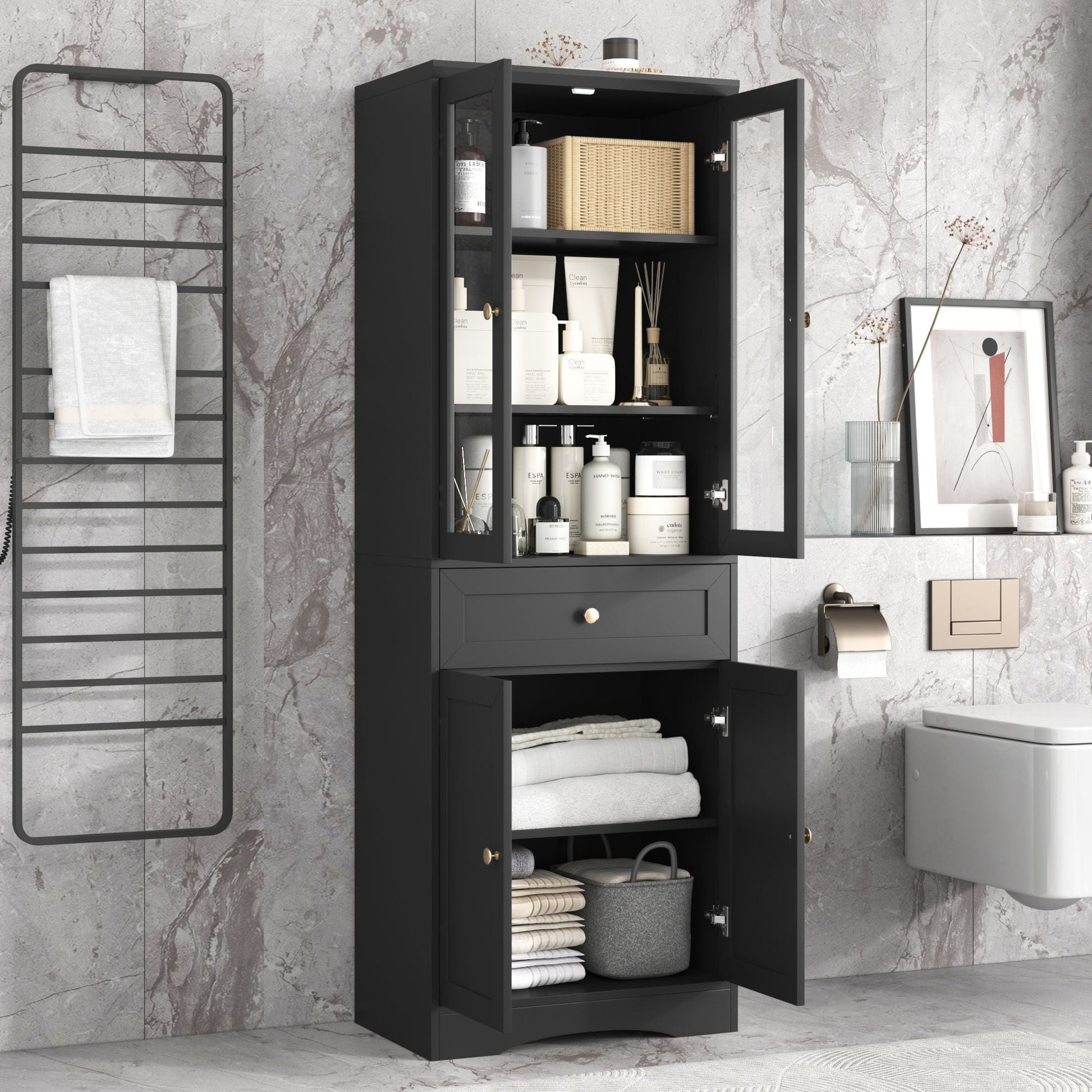 Tall Bathroom Storage Cabinet, Cabinet with Four Doors and Drawers, Adjustable Shelf, MDF Board EasyOptionXY LLC