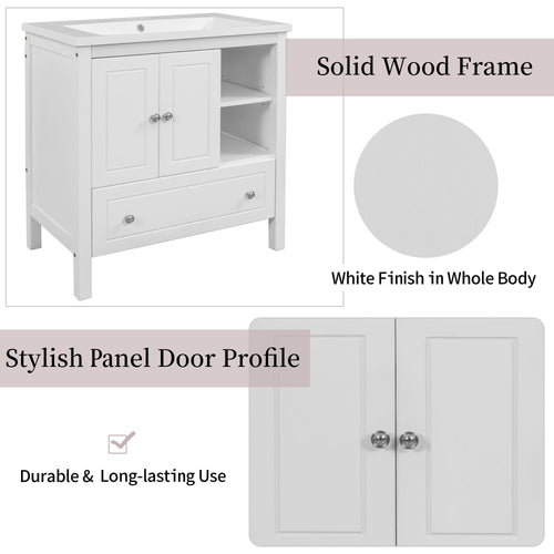 30" Bathroom Vanity with Sink, Bathroom Storage Cabinet with Doors and Drawers, Solid Wood Frame, Ceramic Sink EasyOptionXY LLC