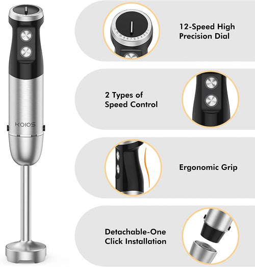 KOIOS 1000W Immersion Hand Blender, Multifunctional 5-in-1 Handheld Blender, 12-Speeds, Stainless Steel blender shaft, includes 600ml Mixing Beaker, 500ml Chopper, Whisk Attachment and Milk Frother EasyOptionXY LLC