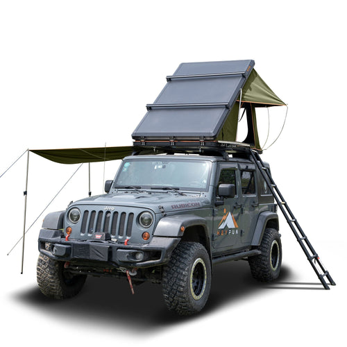 Roll over image to zoom in Adventurer Plus Rooftop Tent Hardshell with Side Awning, Air Conditioner Outlet with Bracket, &Replaceable Rain Flies, Truck Bed Tent for Camping, Pop Up Overland Roof Tents EasyOptionXY LLC