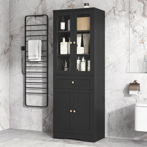 Tall Bathroom Storage Cabinet, Cabinet with Four Doors and Drawers, Adjustable Shelf, MDF Board EasyOptionXY LLC