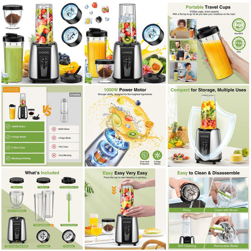 KOIOS Smoothie Blender, Max 1000w Personal Blender for Shakes and Smoothies, 12Pcs Coffee Grinder and Countertop Blenders Combo for Kitchen, Portable Smoothie Blenders with 2x22 oz To-Go Cups, Non-BPA EasyOptionXY LLC