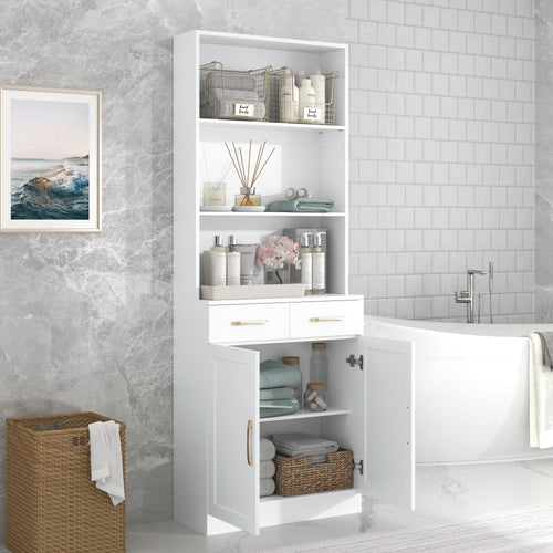 Bathroom Storage Cabinet, Cabinet with Two Doors and Drawers, Adjustable Shelf, Three-layer Open Shelf, MDF Board EasyOptionXY LLC