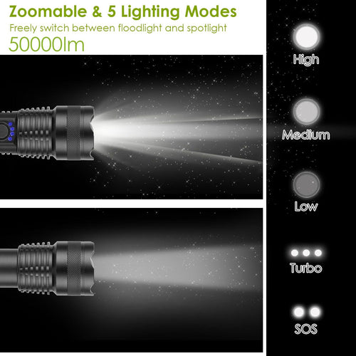 Tactical LED Flashlight Zoomable Rechargeable Search Light Torch 50000LM with 5Modes SOS Night Light For Night Walking Adventures EasyOptionXY LLC