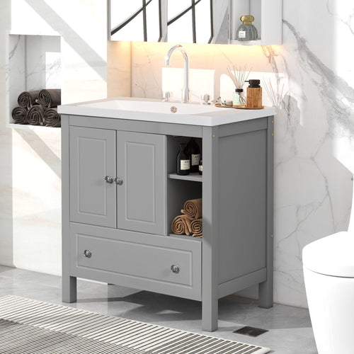 30" Bathroom Vanity with Sink, Bathroom Storage Cabinet with Doors and Drawers, Solid Wood Frame, Ceramic Sink EasyOptionXY LLC