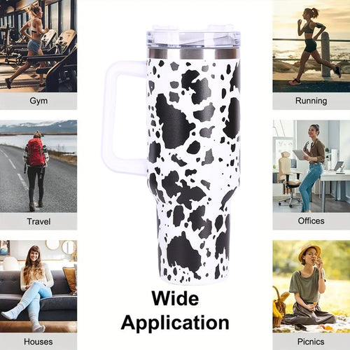 40oz 5D cowprint Insulated Tumbler With Handle And Straw Lid Portable Large Capacity water bottle, Heat preservation,304 Stainless Steel Cup For Outdoor Sports, Travel & Camping Birthday Gift EasyOptionXY LLC