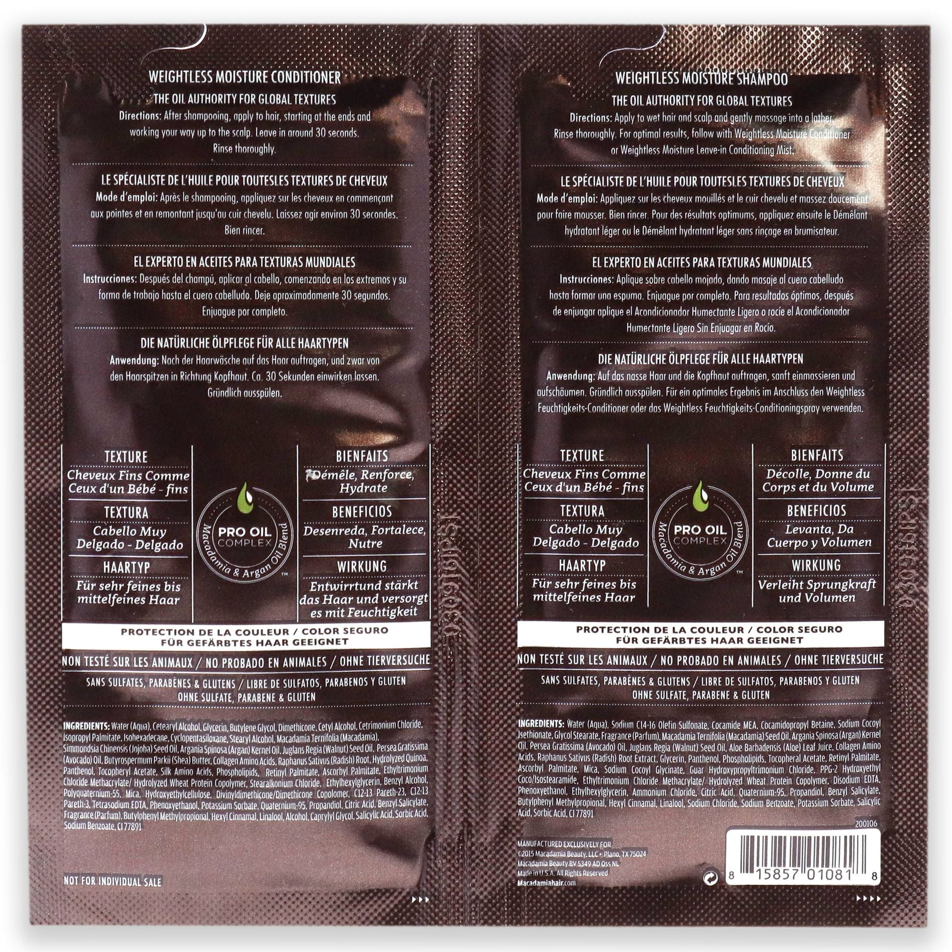 Professional Weightless Moisture Set by Macadamia Oil for Unisex - 2 x 0.34 oz Shampoo and Conditioner EasyOptionXY LLC